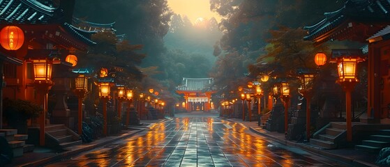 Charming Japanese village with temples shrines and cozy Asian architecture in 4K. Concept Japanese Village, Temples, Shrines, Asian Architecture, 4K Videos - obrazy, fototapety, plakaty