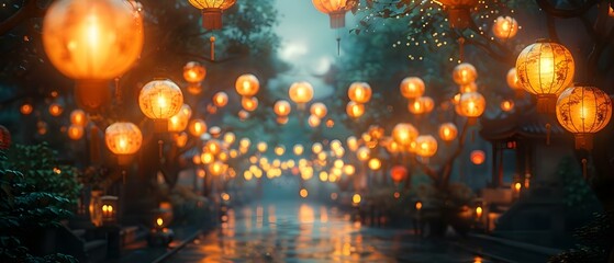Asian street scene with decorative lanterns for a festival celebration. Concept Asian Culture, Street Festival, Decorative Lanterns, Celebration, Night Photography - obrazy, fototapety, plakaty
