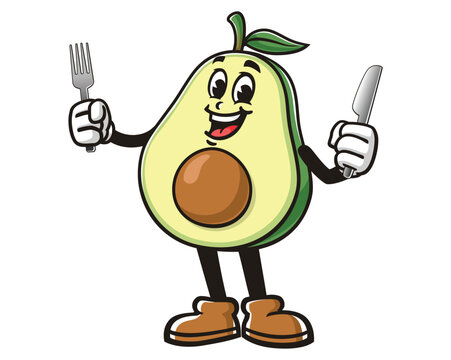 recommend clip art: Avocado holding fork and knife cartoon mascot illustration character vector clip art hand drawn