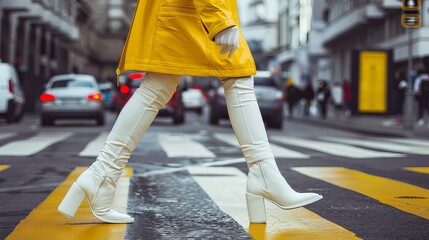 A fashionable woman rushes to a fashion event, crossing the street in a vibrant yellow jacket and...