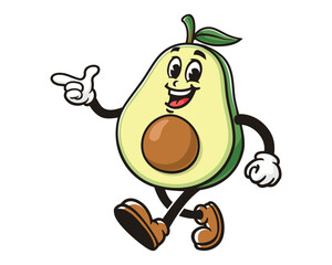 walking Avocado with pointing finger cartoon mascot illustration character vector clip art hand drawn