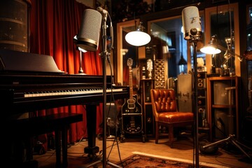 Microphone, A recording studio with a vintage microphone as a center-piece, Ai generated