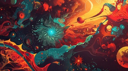 An abstract painting with swirling shapes and vibrant colors including red, orange and blue. Shapes include spirals and curves, and some resemble flowers. - obrazy, fototapety, plakaty