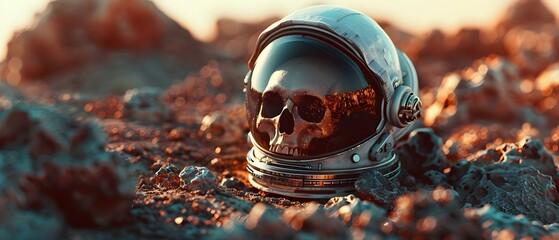 Exploration of an Alien World: D Render of Astronaut Skull in Helmet. Concept Sci-fi Art, Astronaut Concept, Alien Landscape, Digital Illustration, Astronaut Skull - obrazy, fototapety, plakaty