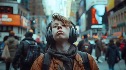 A teenager with headphones lost in thought amidst the urban hustle, looking skyward with a contemplative expression.