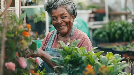 A successful black female owner of a garden center hosting a community event, such as a plant swap or garden tour, to foster a sense of belonging and camaraderie among local residents. - obrazy, fototapety, plakaty