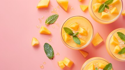 Mango smoothies topping with mint leaf on orange and pink background - obrazy, fototapety, plakaty