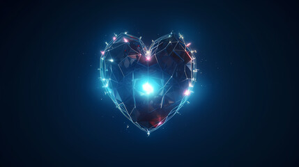 Fototapeta premium Geometric glowing Heart icon from lines isolated blue on blue background