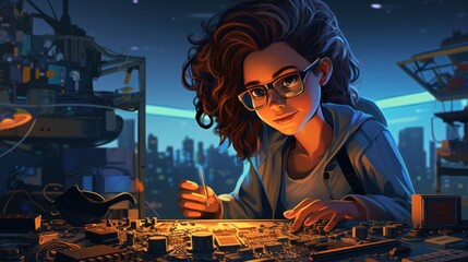 A female IT specialist in glasses works on a motherboard in a dark room. She has brown curly hair and is wearing a gray hoodie. - obrazy, fototapety, plakaty