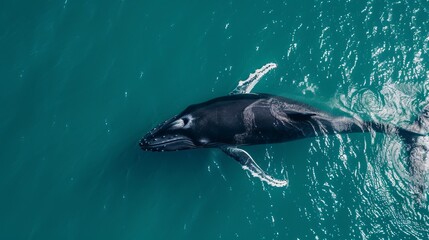 Naklejka premium A small humpback whale frolics near the ocean's surface, its sleek body gliding through the crystal-clear water.