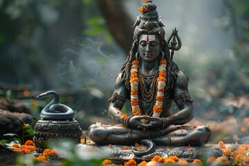 Shivaratri background with Shivas trident and Pellet Drum Damroo musical instrument - obrazy, fototapety, plakaty