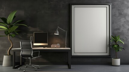 A modern, minimalist office space, with a large blank photo frame on the wall, surrounded by a streamlined desk and ergonomic chair.