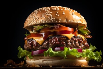 Multi-layer juicy tasty burger close-up, fast food