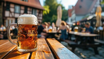 Beer on Wooden Table Biergarten Traditional Culture Beautiful Day. AI generated illustration - obrazy, fototapety, plakaty