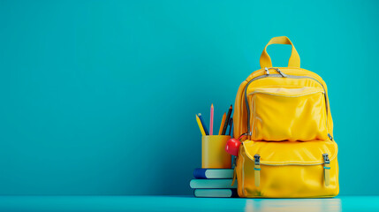composition back to school. Yellow school backpack, pens, pencils on a blue background, copy space - obrazy, fototapety, plakaty