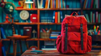 composition back to school. Red school backpack on a table in a school classroom, copy space - obrazy, fototapety, plakaty