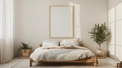 Fototapeta na wymiar A serene bedroom interior in a minimalist style, with a neutral color palette and a single, prominent blank photo frame above a simple bed frame.
