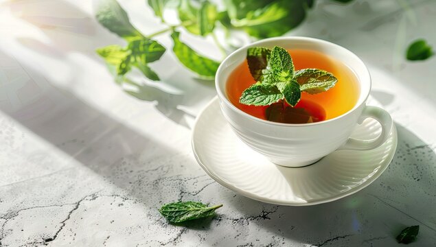 hot cup of tea with mint on wooden table. AI generated illustration