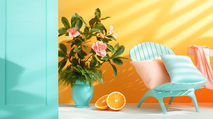 Colorful creative banner with wooden chair cushion flowers citrus fruits in pop art style. Orange pink blue green yellow color palette. Summer vacation relaxation coastal interior concept