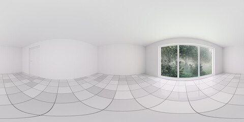 Spacious empty room with large window overlooking greenery in daylight 360 panorama vr environment map