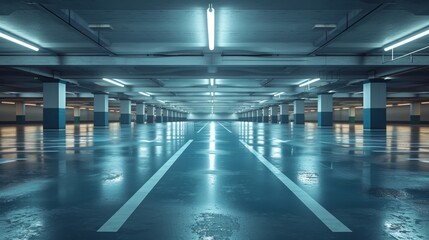 Empty parking garage aglow with futuristic blue light