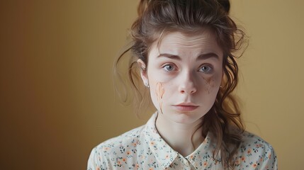 A young woman with coffee stains on her shirt looks slightly upset.