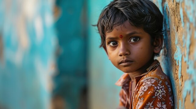 A small Indian child with a bindi on his forehead stands against a blue wall.