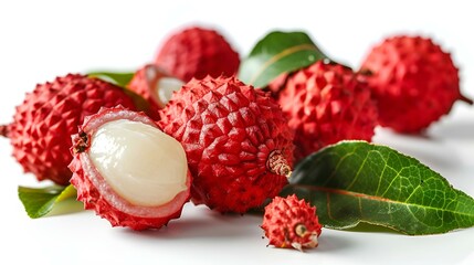 lychee with leaves on white background
