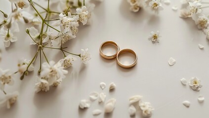 Two golden wedding rings with white roses on a gold background stock images. Engagement rings with a bouquet of white flowers image. AI generated illustration
