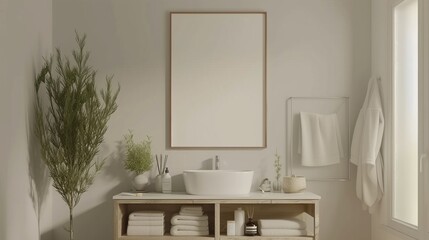 A tranquil bathroom interior, with a blank photo frame above a modern vanity, offering a canvas for artistic expression