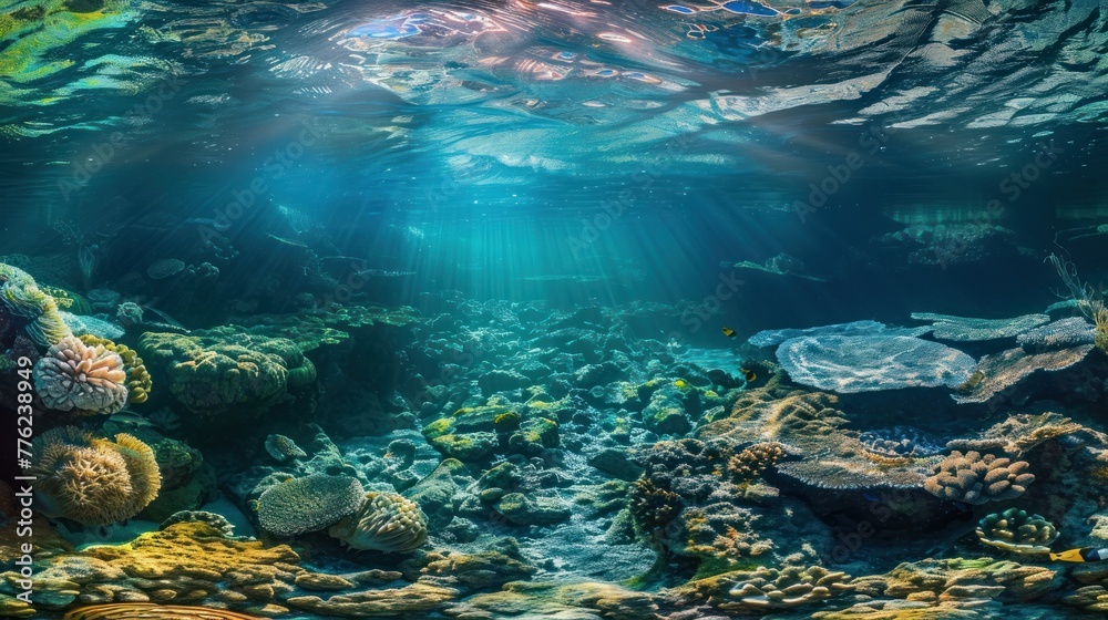 Wall mural clear undersea ocean with blue clean water exotic background. ai generated image