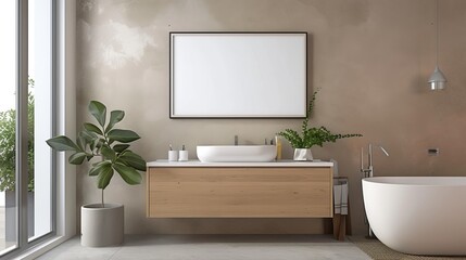 A tranquil bathroom interior, with a blank photo frame above a modern vanity, offering a canvas for artistic expression