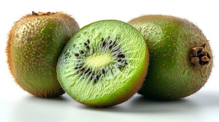 A green kiwi fruit with brown skin and black seeds isolated 