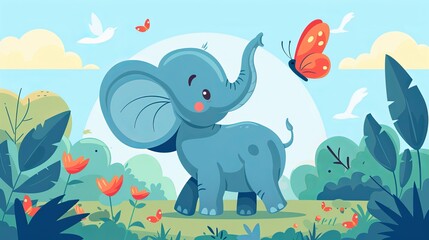 Adorable Elephant Having Fun with a Butterfly Cartoon Vector Icon. Animal and Nature Icon Concept Isolated. Flat Cartoon Design