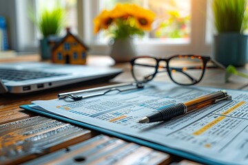 Office table with folder, pen, keyboard, house, glasses and flower - obrazy, fototapety, plakaty