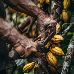 Obraz premium The diligent work of a cocoa farmer, expertly harvesting ripe yellow cocoa pods with pruning shears, showcasing the heart of the agricultural cocoa business