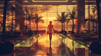 Rear view beautiful woman walking on luxury lounge hotel at evening. AI generated image - obrazy, fototapety, plakaty