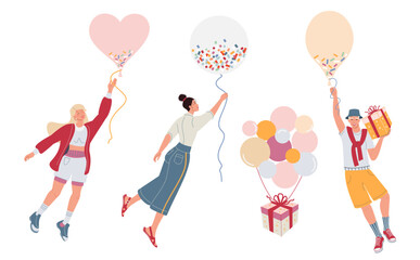 
Smiling festive people celebrating birthday party. People flies with balloons in hands. Gift box with confetti and colorful balloons. Flat graphic vector illustrations isolated on white background.