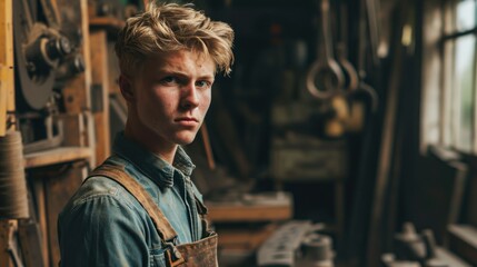 A young man with blonde hair and blue eyes stands in a workshop. He wears a denim shirt and overalls. There are many tools hanging on the wall behind him. A window lets in natural light. - Powered by Adobe