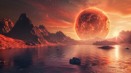 Fantasy planet Mars with mountains and water at sunset with starry sky landscape. AI generated - obrazy, fototapety, plakaty