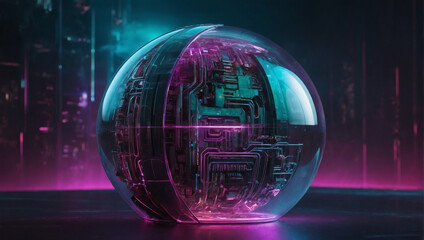 A shimmering, high-tech time capsule gleams with an iridescent sheen, capturing the essence of futuristic innovation.