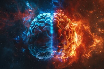 The concept of the human brain. The right creative hemisphere versus the left logical hemisphere. Education, science and medical abstract background