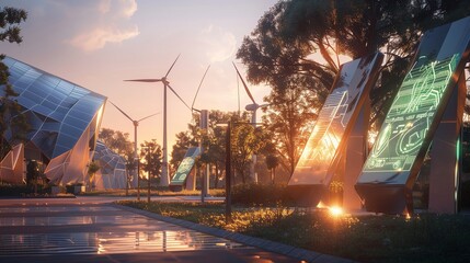 Eco-Digital Utopia: The Green Tech Revolution - Capture a futuristic urban park where technology and nature coexist in perfect balance - obrazy, fototapety, plakaty