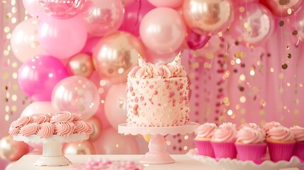 Fototapeta na wymiar Pink decor of the birthday party with ballons and cake