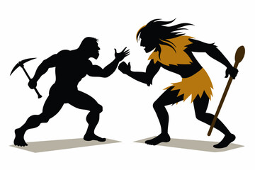 Two people fighting, Neanderthal, minimalism vector silhouette on white background