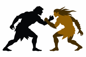 Fototapeta na wymiar Two people fighting, Neanderthal, minimalism vector silhouette on white background