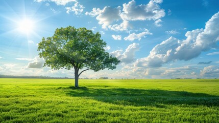 Fototapeta na wymiar One tree in lush green field with blue sky landscape background. AI generated image