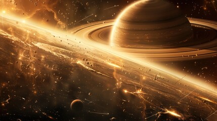 Fantasy space of saturn planets with rings with moons and other planet surrounded. AI generated
