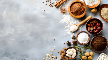 Fototapeta na wymiar Baking ingredients, eggs, flour, sugar, cinnamon, cooking background