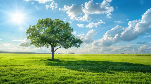 One tree in lush green field with blue sky landscape background. AI generated image